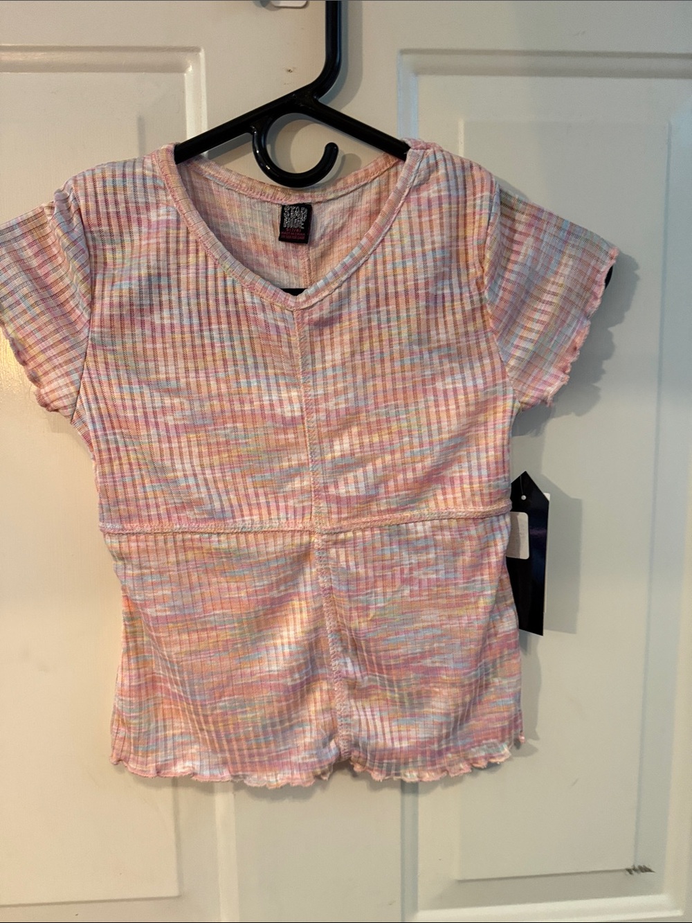 Girls' Pastel Ribbed Short Sleeve Top - Multicolor Pink